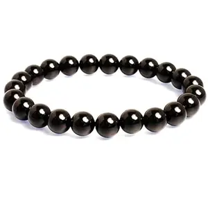 RRJEWELZ Natural Black Tourmaline Round Shape Smooth Cut 8mm Beads 7.5 inch Stretchable Bracelet for Healing, Meditation, Prosperity, Good Luck | STBR_01756