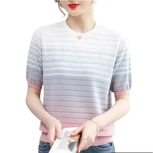 CRAMPLE®Women's T-Shirts, Striped Short Sleeve T Shirt Women Knitted Top Ladies Contrast Color Tee Shirt Summer Casual Clothes (Pink)