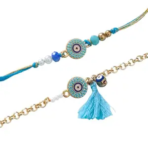 Floweraura Raksha Bandhan Celebrations Bhaiya Bhabhi Evil Eye Rakhi Bracelet Set with Roli - Rakhi for Brother, Sister-in-law, Bhaiya, Bhabhi, Cousins & Raksha Bandhan Gifts