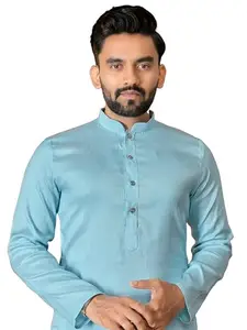 Arister Men's Traditional Kurta with Mandarin Collar, Cotton Textured Pattern, White Pajama Set (in, Alpha, L, Sky Blue)