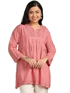 Vahson Women Pure Cotton Floral Hand Embroidered Chikankari Flared Short Kurta