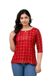 Women's Cotton PrintedCrop Top, Tunic Top, Short Kurti (in, Alpha, 2XL, RED)
