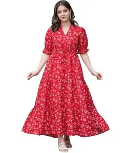 Women’s Printed Red Rayon Maxi Dress Flared Long Dress with V-Neck Soft Comfortable Casual Wear Maxi Gown for Women