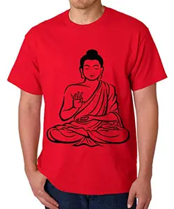 Caseria Men's Round Neck Cotton Half Sleeved T-Shirt with Printed Graphics - Buddha (Red, L)