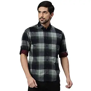 Dennis Lingo Men's Cotton Full Sleeves Checkered Slim Fit Casual Shirt (Olive, L)
