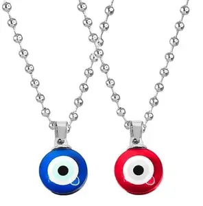 De-Ultimate (Set Of 2 Pcs) X00046 Combo Of Round Shape Dual Side Blue & Red Stone Moti Beads Evil Eye Nazar Suraksha Kavach Locket Pendant Charm Necklace