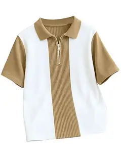 AUSK Men's Textured Vertical Striped Knit Polo T-Shirt | Half Sleeve Zipper Neck Self-Design Casual Tee | Mens Tshirts