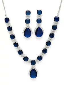 Karatcart Silver Plated Blue Drop Shape American Diamond Studded Necklace Set for Women