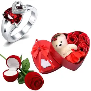 Fashion Frill Valentine Gift For Girlfriend Heart Red Crystal Heart Ring For Women Red Rose Ring For Women Girls Ring Box & Heartbox with Teddy Gift For Wife Girlfriend