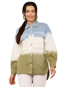 NOBARR Women's Cotton long sleeve with shirt collar Shacked Dip Dyed tri colour jacket
