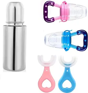KINDAR CARE Baby's Steel Plastic Feeding Bottle | Blue-Silver | Pack of 3 | 240 Ml