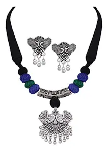 JFL - Jewellery for Less Contemporary Fashion German Silver Oxidized Peacock Designer Pendant with Cotton Ball Handcrafted Necklace Set with Adjustable Thread.,Valentine