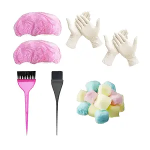 BlackLaoban Dye Brush Large & Small 2PCS, 2X Reusable Elastic Shower Cap And 2X Gloves For Hair Dyeing and Bleaching With Free Cotton Balls Pink Color (Pack Of 7)