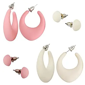 LUCKY JEWELLERY Fashion 4 Pairs Combo Set Of Latest Earrings Celebrity Inspired Stylish Trendy Pink and White Color Plastic Stud Tops Earing C Shaped Hoops Earring for Women & Girls (190-CHEX-1015-4)