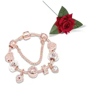 Peora Rose Gold Plated CZ Studded Charm Openable Bracelet Valentines Gift for Women & Girls with Red Rose