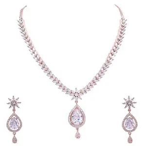 Ratnavali Jewels Brass Rose Gold and American Diamond Necklace Pendant Set With Earrings for Women & Girls (White)