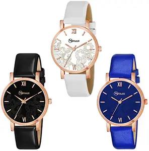 MIVAAN Analogue Leather Strap Girls & Women's Watch (Dial & Strap Black & White, Blue) (Pack of 3)