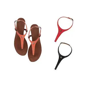 Cameleo -changes with You! Cameleo -changes with You! Women's Plural T-Strap Slingback Flat Sandals | 3-in-1 Interchangeable Leather Strap Set | Orange-Red-Black