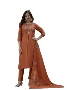 SAMRAGNI Women’s Pure Viscose Mango Silk Kurti Set | Multi Embroidery Sequins with Hand Work | Maslin Silk Embroidered Dupatta