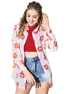 DIMPY GARMENTS Georgette Floral Print Long Shirt | Boxy Fit Women Shirt (Small, Red)