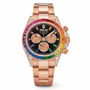 ROLXE Chronograph Watch, Rose Gold, Rainbow Gemstone Bezel, Black Dial, Diamond Accents
