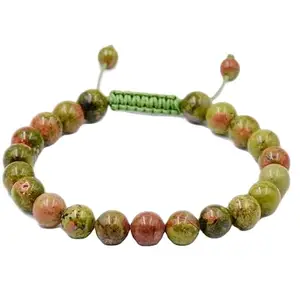RRJEWELZ Natural Unakite Round Shape 8mm Smooth Beads Green Color Threaded Adjustable Bracelet For Men & Women. |TDBR_1864