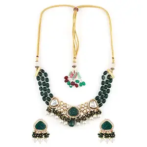 ACCESSHER Gold Plated Ethnic Handcrafted Emerald Green Kundan and Glass Beads Embellished Necklace Set with Statement Dangle Earrings for Women and Girls