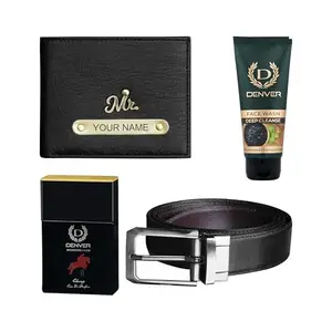 The Wallet Store Personalized Wallet with Leather Belt Perfume & Face Wash Gift Set for Him (Black)