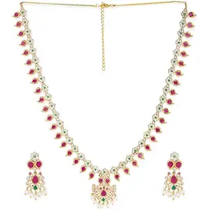 ACCESSHER Gold Plated traditional Delicate Handcrafted American diamond and ruby Necklace Set for women