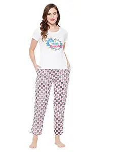 Clovia Women's Cotton Print Me Pretty Pyjama & Printed T-Shirt Set (COMLS0455_White_S)