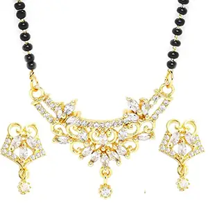 fabula by OOMPH Jewellery American Diamond Floral Mangalsutra Set with Matching Earrings for Women & Girls