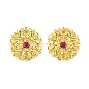 MEENAZ Traditional Temple 1 One Gram Gold Studs 18k Brass Ethnic South Indian Meenakari Screw Back Flower Round Pink Ruby Stud Earrings Combo Set Pack For Women girls Latest -GOLD EAR RINGS STUD-M115
