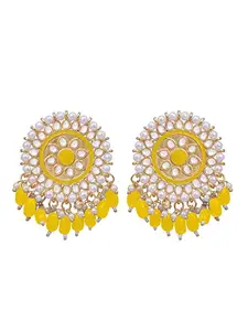 Crunchy Fashion Gold-Toned Kundan and Yellow Beads Round Shape Earrings