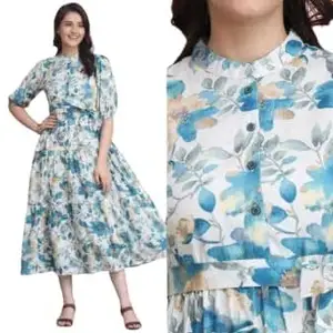 Women Digital Print Collar Neck Kurti with Belt | Stylish Belted Kurti for Women