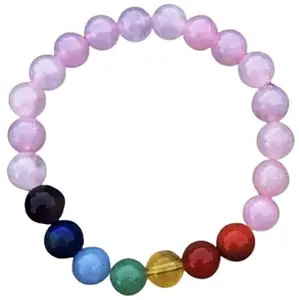 Lady Works Natural 7 Chakra Stone & Rose Quartz 10mm Round Shape Smooth Cut Beads 7 Inch Stretchable Bracelet For Men & Women. Unisex Bracelet For Healing, Meditation, Prosperity & Luck|LW_BRST_00094_7.0