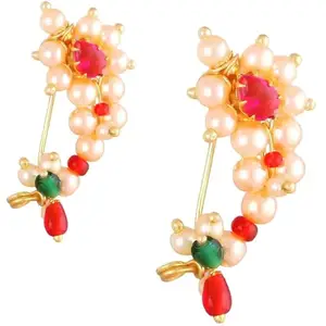 VAMA Golden Maharashtrian Marathi Nath Nose Ring Cream Pearls Design Without Piercing Clip on Nose Pin Combo For Women