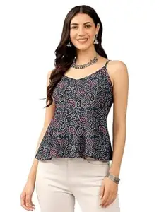 Pinkmint Women Pure Cambric Cotton Printed Peplum Top | Sleeveless Spaghetti Strap Summer Casual Top for Women & Girls