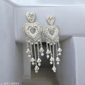 Crystal Heart Chandelier Earrings, Silver-Toned, Pearl Drops, Double Heart Design with Dangling Chains