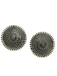 Femmibella Silver Oxidized Metal Stud Earrings with Intricate Circular Design Earrings For Women and Girls