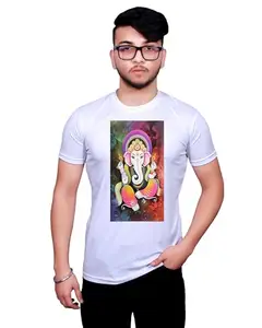 NITYANAND CREATIONS Round Neck Printed Half Sleeve Regular fit Casual T-Shirt for Men and Women-NNCPL-60-XL White