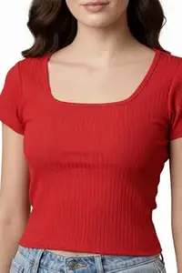 Cloth Bites Women’s White Crop Top Stylish Western – Casual Slim Fit Ribbed Crop Tee | Short Sleeve Scoop Neck Fitted Stretch T-Shirt