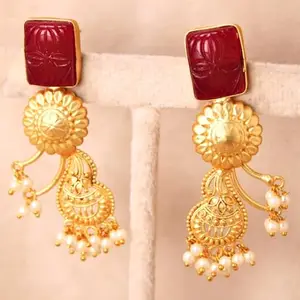 Navraee Jewellery Celebrity Inspired Oxidised Golden Polish, Red Rectangle Stone Earring