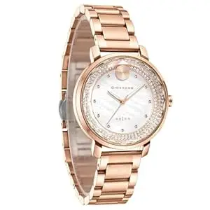 Giordano Arias Lara Dutta Signature Collection Analog Quartz Watch for Women with Mother-of-Pearl Cut Glass Dial, Crystal-Studded Ring, Luminous Hands and Stainless Steel Strap