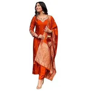 THE KINKRY HOUSE Women Straight Kurta Set with Pant & Jacquard Dupatta | Embroidery Work | Roman Silk | Notch Neck | 3/4 Sleeve | Knee Length | Festive & Occasional Wear