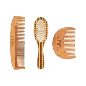 Flora Essence Bamboo Paddle Hair Brush & Neem Wood Comb Combo | Hair Brush + Neem Hair Comb + Beard Comb | Anti-Frizz, Anti-Dandruff, Eco-Friendly Grooming Kit for Men & Women