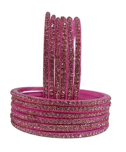 The Golden Cascade Designer Women's Glass Bangles with Beads Stone Chudiyan for Ladies (Pink, 2.8)