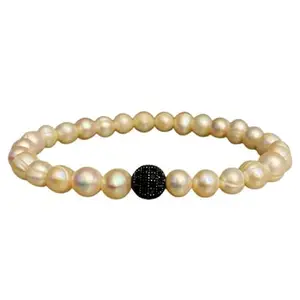 RRJEWELZ Unisex Bracelet 8mm Natural Gemstone Fresh Water Pearl Round shape Smooth cut beads 7 inch stretchable bracelet for men & women. | STBR_03274