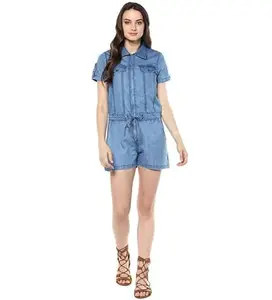 Hermosa EnterprisesWomen's Denim Solid Short Sleeve Jumpsuit (Blue, XL)-PID61779