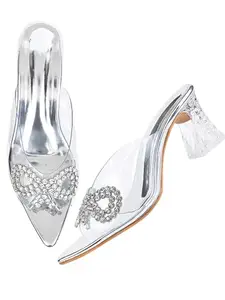 TRYME Transparent Block Heel Stone Studded Heels Fashion Sandal Comfortable Trendy Sandals For Women & Girls, Silver, Size_8