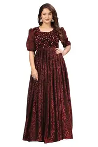 3Buddy Fashion Elegant Women's Long Gown | Anarkali Style | Flared Floor-Length Dress | Floral Emboss Print | Sequence Embroidery (1, Maroon)